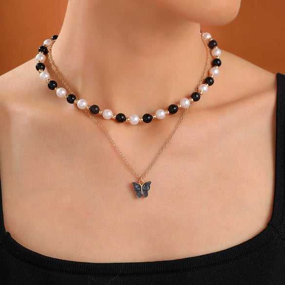 Elegant All Match Multi Layer Bow Love Flower Imitation Emerald Gem Necklace For Women Alloy Material Geometric Pattern Electroplating Process