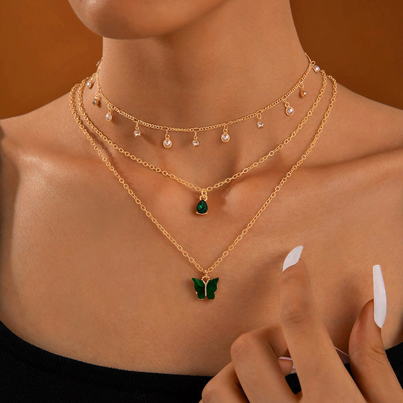 Elegant All Match Multi Layer Bow Love Flower Imitation Emerald Gem Necklace For Women Alloy Material Geometric Pattern Electroplating Process
