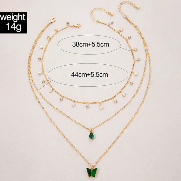 Elegant All Match Multi Layer Bow Love Flower Imitation Emerald Gem Necklace For Women Alloy Material Geometric Pattern Electroplating Process