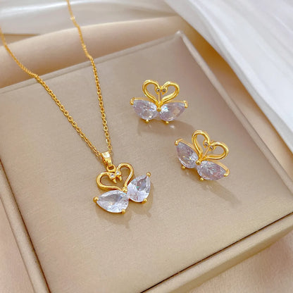 Elegant Animal Titanium Steel Copper Plating Inlay Artificial Diamond Earrings Necklace