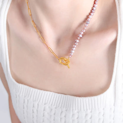 Elegant Baroque Style Color Block Freshwater Pearl Titanium Steel Beaded Plating 18k Gold Plated Necklace