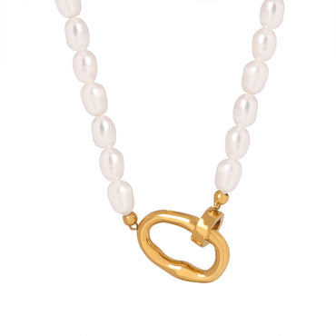 Elegant Baroque Style Oval Freshwater Pearl Titanium Steel Plating 18k Gold Plated Necklace