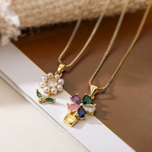 Elegant Basic Simple Style Flower Copper 18k Gold Plated Zircon Pendant Necklace In Bulk