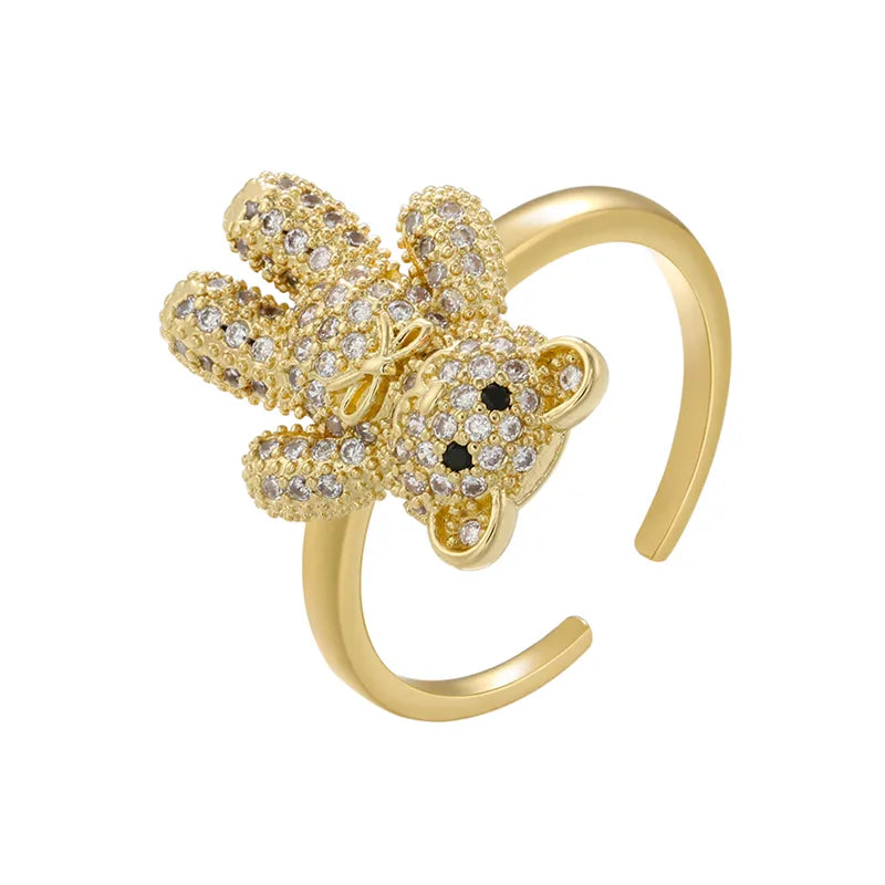 Elegant Bear Copper Plating Inlay Zircon 18k Gold Plated Open Rings