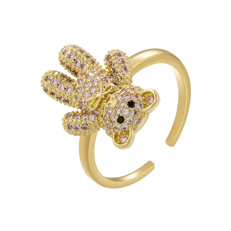 Elegant Bear Copper Plating Inlay Zircon 18k Gold Plated Open Rings