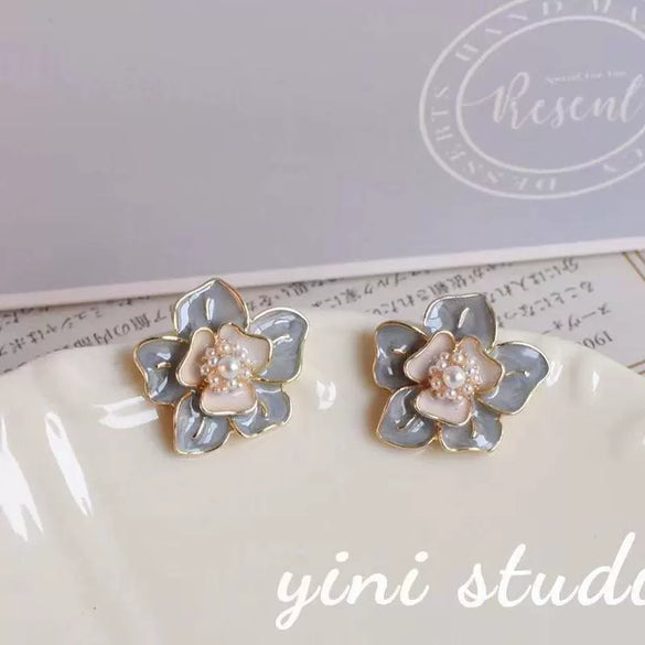 Elegant Blue Flower Earrings With French Oil Painting Glaze For Women