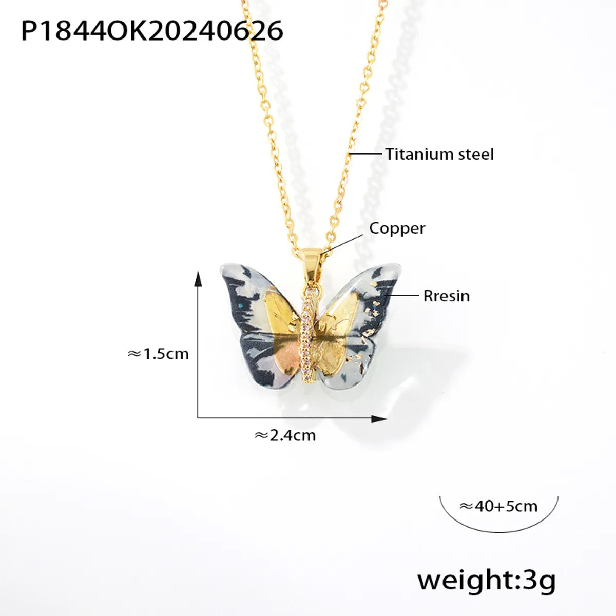 Elegant Bohemian Butterfly 18K Gold Plated Rhinestones 304 Stainless Steel Resin Copper Wholesale Pendant Necklace