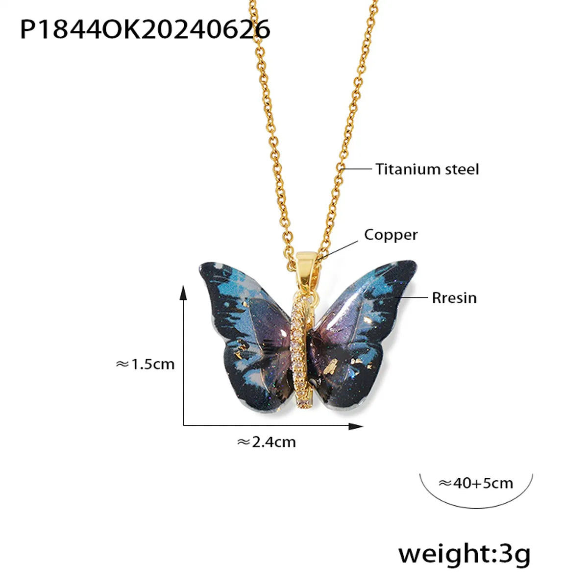 Elegant Bohemian Butterfly 18K Gold Plated Rhinestones 304 Stainless Steel Resin Copper Wholesale Pendant Necklace