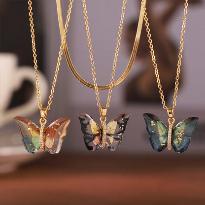 Elegant Bohemian Butterfly 18K Gold Plated Rhinestones 304 Stainless Steel Resin Copper Wholesale Pendant Necklace