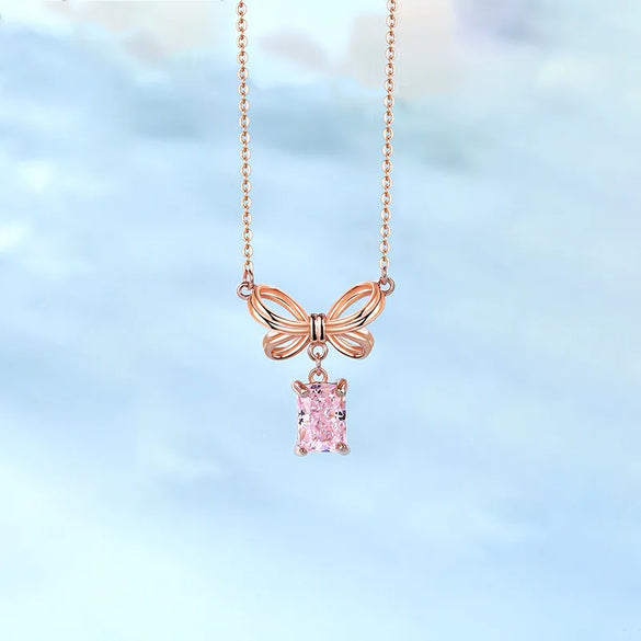 Elegant Bow Knot Sterling Silver Zircon Pendant Necklace In Bulk