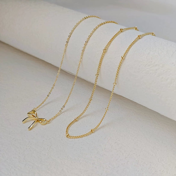 Elegant Bow Pendant Necklace For Women Copper Electroplated Thin Chain Cute Pattern Jewelry Gift