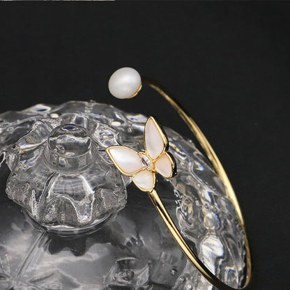 Elegant Butterfly Copper Plating Inlay Pearl Zircon 18k Gold Plated Bangle