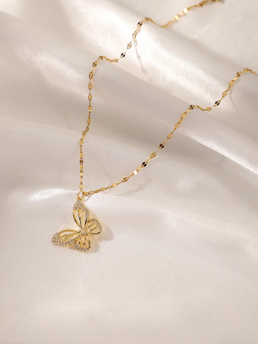 Elegant Butterfly Stainless Steel Plating Inlay Zircon 18k Gold Plated Necklace