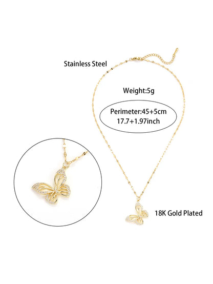 Elegant Butterfly Stainless Steel Plating Inlay Zircon 18k Gold Plated Necklace