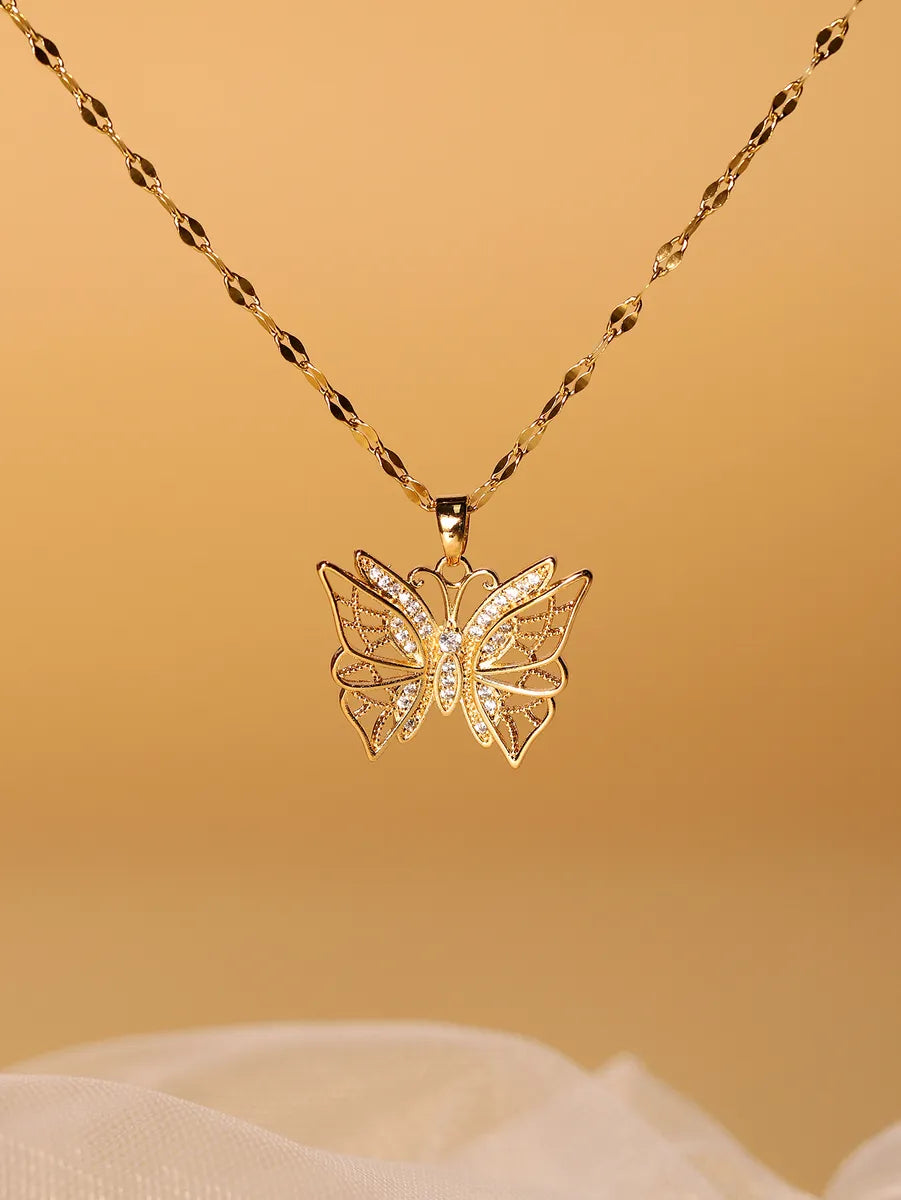 Elegant Butterfly Stainless Steel Zircon 18k Gold Plated Pendant Necklace