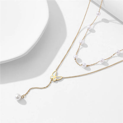 Elegant Butterfly Titanium Steel Plating Inlay Artificial Pearls Shell 18k Gold Plated Layered Necklaces