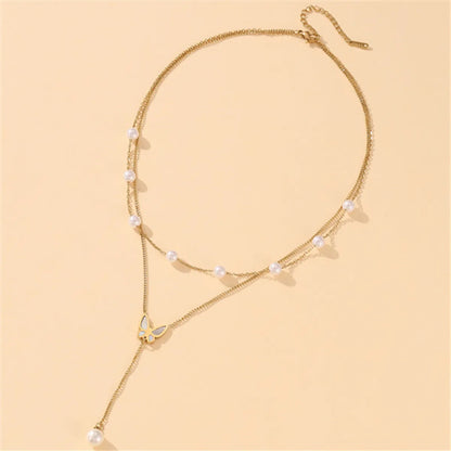 Elegant Butterfly Titanium Steel Plating Inlay Artificial Pearls Shell 18k Gold Plated Layered Necklaces