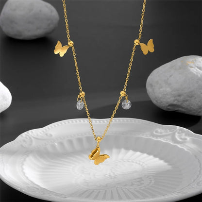 Titanium Steel 18K Gold Plated Elegant Plating Inlay Butterfly Zircon Bracelets Necklace