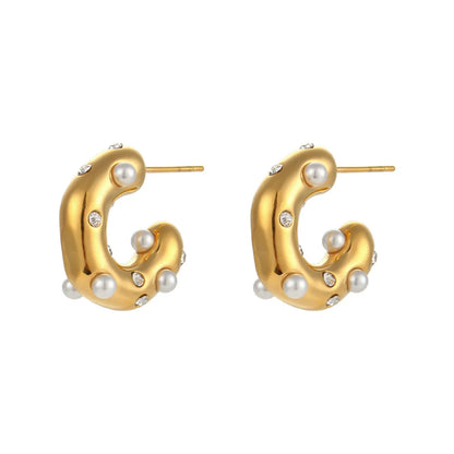 Elegant C Shape Inlay 304 Stainless Steel Artificial Pearls Zircon 18K Gold Plated Earrings