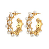Elegant C Shape Inlay Stainless Steel Artificial Pearls Zircon Gold Plated Earrings