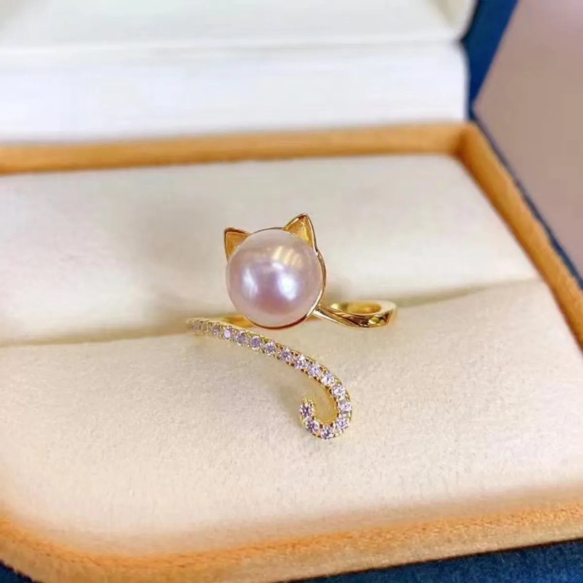 Elegant Cat Freshwater Pearl Inlay Artificial Gemstones Rings