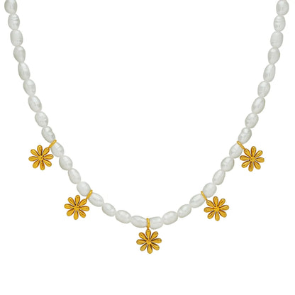 Elegant Chrysanthemum Freshwater Pearl Titanium Steel Beaded Plating 18k Gold Plated Necklace