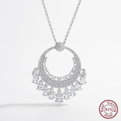 Elegant Circle Sterling Silver Plating Hollow Out Inlay Zircon White Gold Plated Rhodium Plated Pendant Necklace