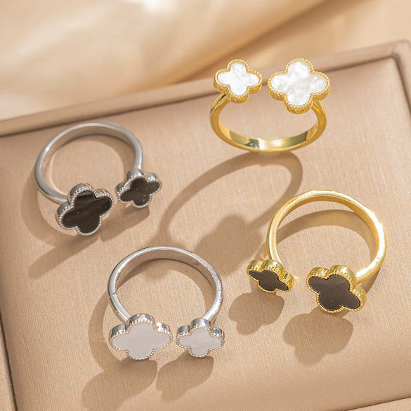 Elegant Classic Black And White Two Color Leaf Opening Adjustable Finger Ring For Women Copper 18K Gold Plated