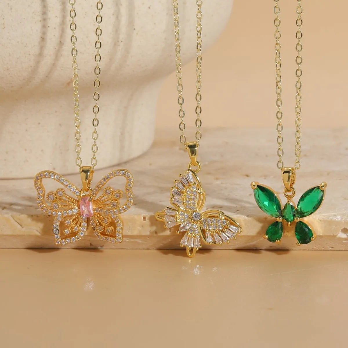 Elegant Classic Style Butterfly Copper 14k Gold Plated Zircon Necklace In Bulk