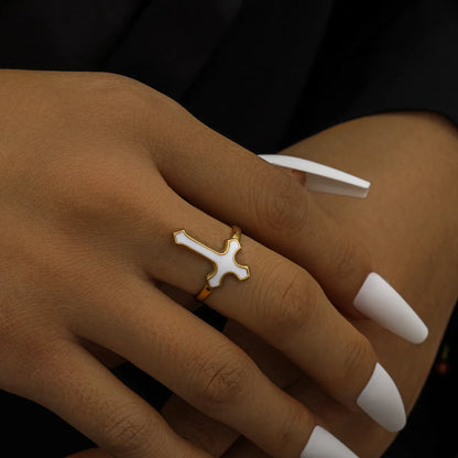 Elegant Classic Style Cross 304 Stainless Steel 18K Gold Plated Open Rings In Bulk