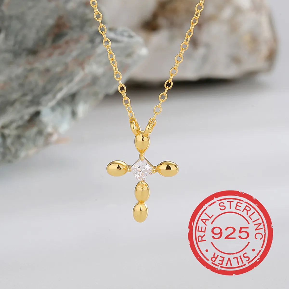 Elegant Classic Style Cross Sterling Silver Plating Inlay Pearl Zircon 18k Gold Plated Pendant Necklace