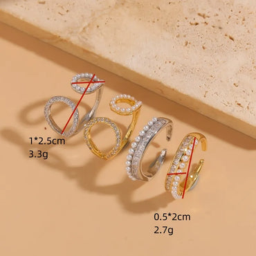 Elegant Classic Style Geometric Copper Asymmetrical Plating Inlay Zircon 14k Gold Plated Open Rings