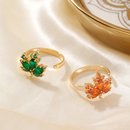 Elegant Classic Style Geometric Maple Leaf Copper Plating Inlay Zircon Open Rings