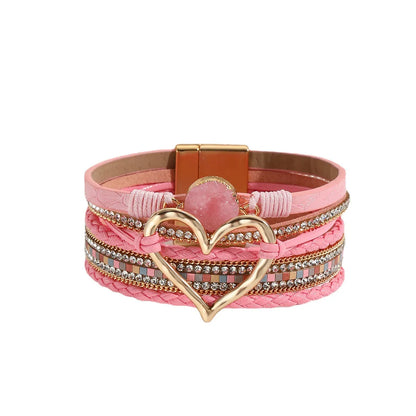 Elegant Classic Style Heart Shape Pu Leather Inlay Rhinestones Women's Bracelets