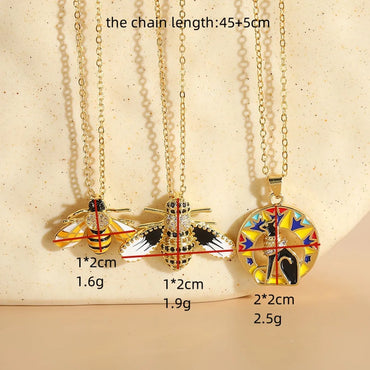 Elegant Classic Style Insect Copper Enamel Plating Inlay Zircon 14k Gold Plated Necklace