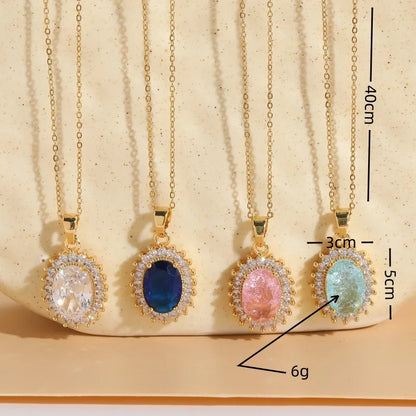 Elegant Classic Style Oval Copper Plating Inlay Zircon 14k Gold Plated Pendant Necklace