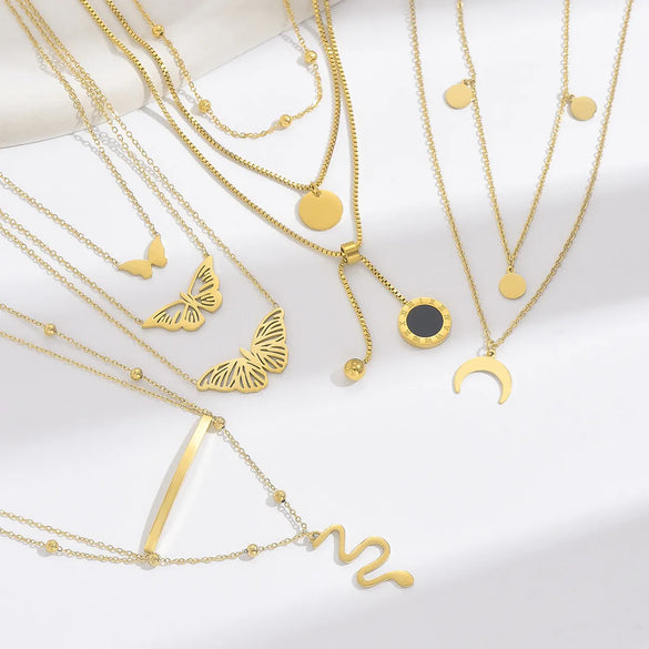 Elegant Classic Style Roman Style Moon Snake Butterfly Stainless Steel Plating Hollow Out Inlay Acrylic 14k Gold Plated Layered Necklaces