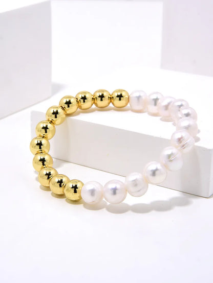 Elegant Classic Style Round Freshwater Pearl Copper Beaded Handmade Plating Gold Plated Bracelets