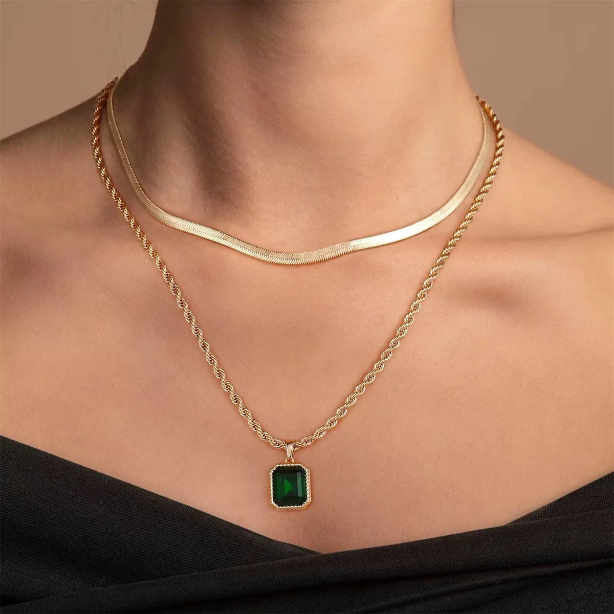 Elegant Classic Style Solid Color Copper Plating Inlay Glass Stone 14k Gold Plated Double Layer Necklaces