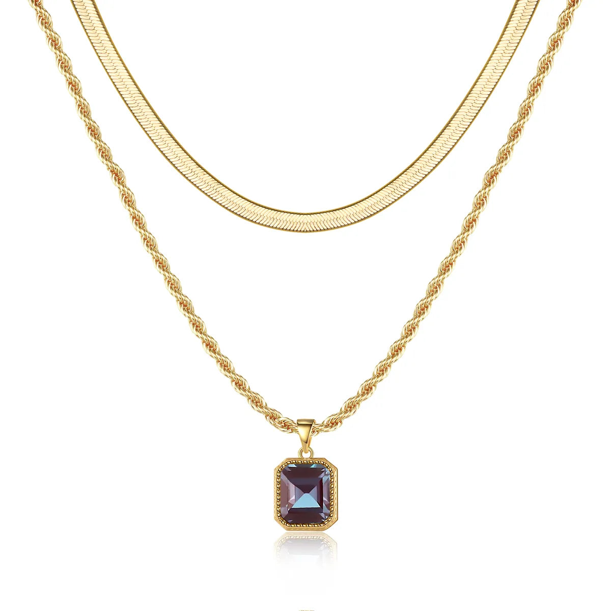 Elegant Classic Style Solid Color Copper Plating Inlay Glass Stone 14k Gold Plated Double Layer Necklaces