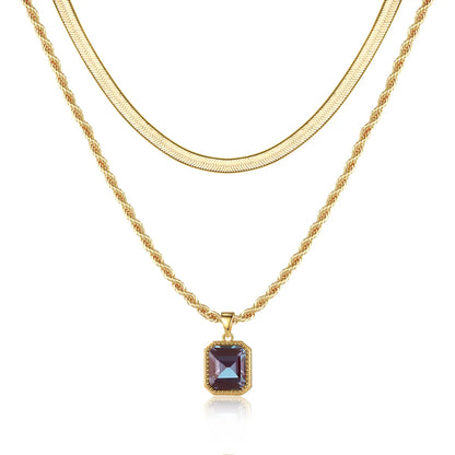 Elegant Classic Style Solid Color Copper Plating Inlay Glass Stone 14k Gold Plated Double Layer Necklaces