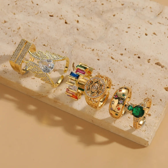 Elegant Classic Style Star Water Droplets Wings Copper Asymmetrical Plating Inlay Zircon 14k Gold Plated Open Rings