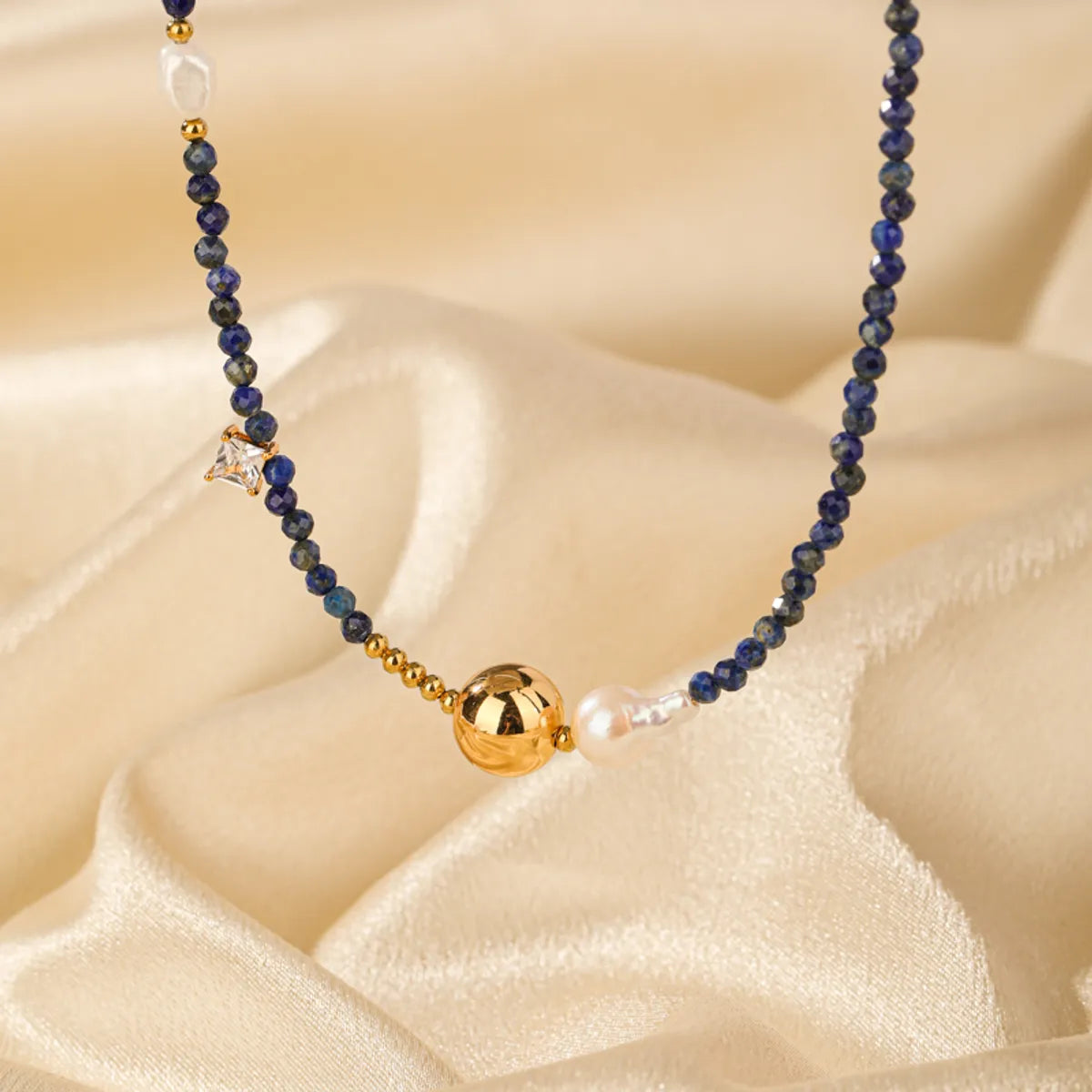 Elegant Classical Commute Color Block Freshwater Pearl Copper Lapis Lazuli Beaded Patchwork Plating 18k Gold Plated Necklace