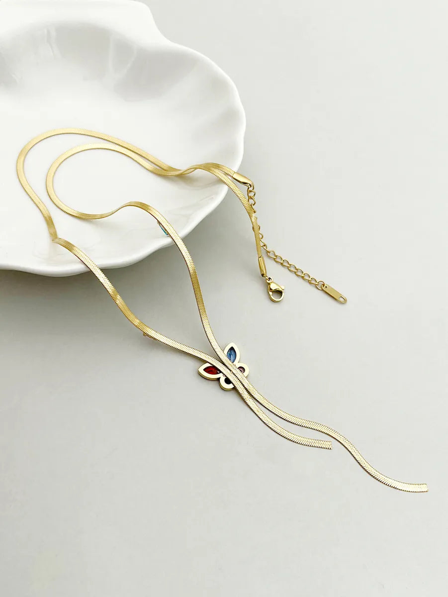 Elegant Classical Shiny Animal Butterfly Stainless Steel Plating Three-dimensional Inlay Zircon 18k Gold Plated Long Necklace