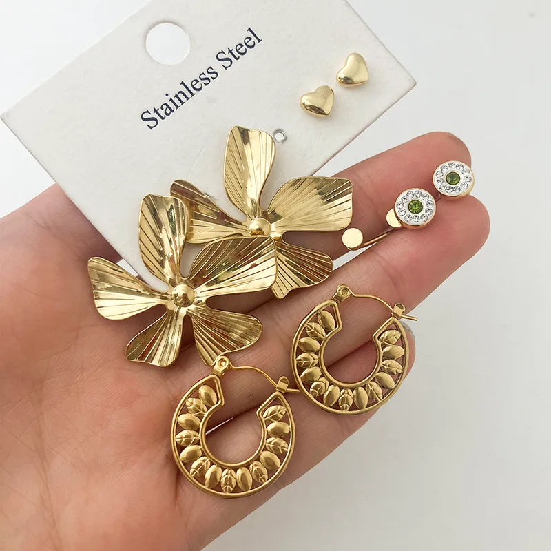 Elegant Classical Simple Style Leaves Heart Shape Flower Plating Inlay 304 Stainless Steel Zircon 14K Gold Plated Ear Studs