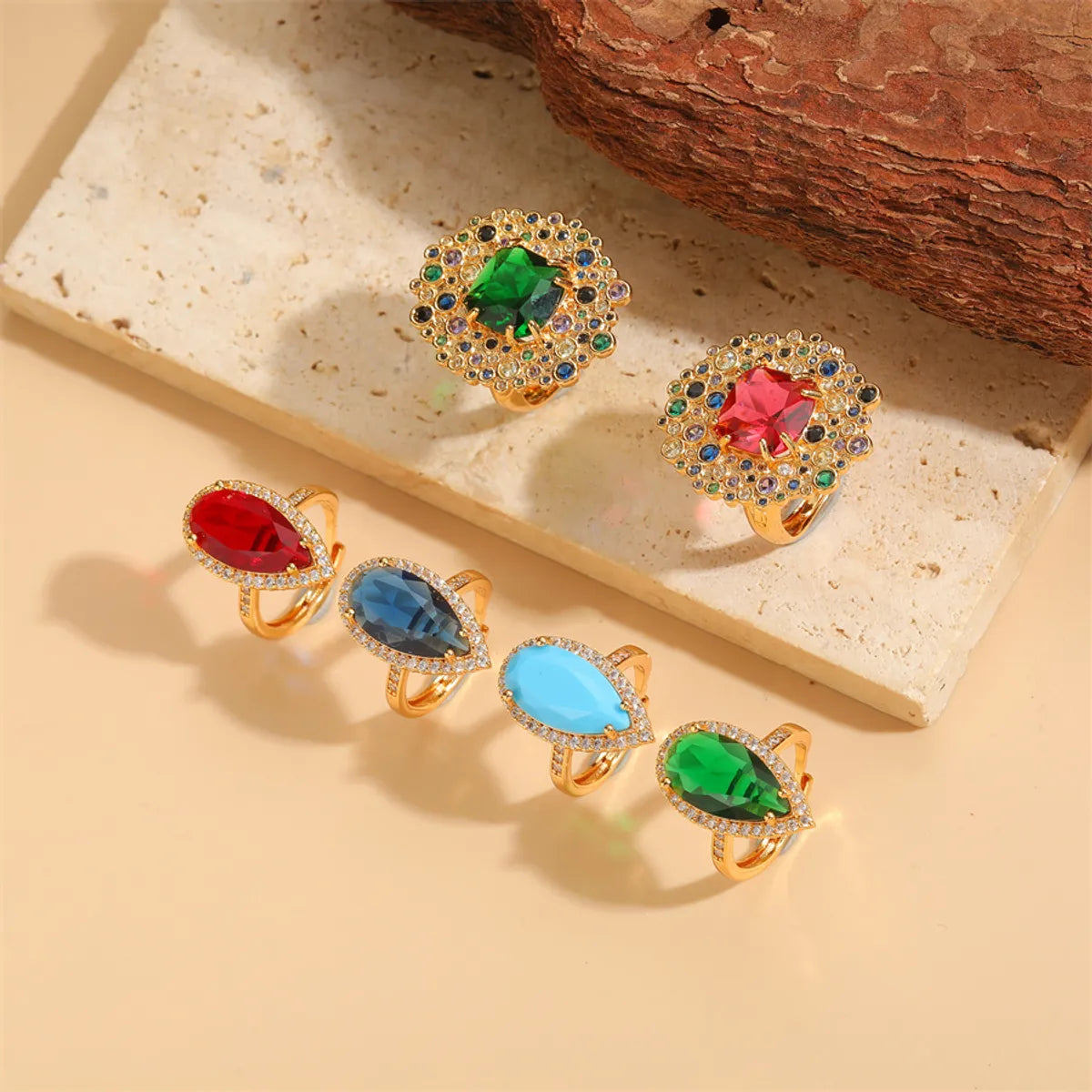 Elegant Classical Vintage Style Water Droplets Copper Plating Inlay Zircon 14k Gold Plated Open Rings