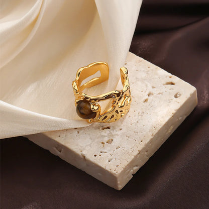 Elegant Color Block Copper Plating Inlay Natural Stone 18k Gold Plated Open Rings