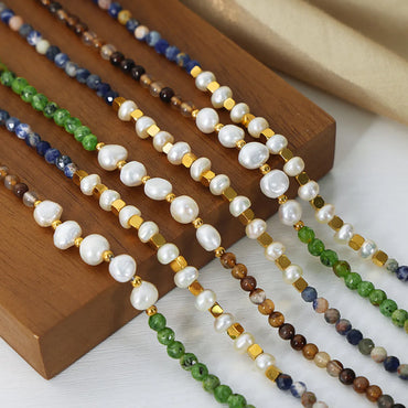 Elegant Color Block Natural Stone Freshwater Pearl Turquoise  Beaded Plating 18k Gold Plated Necklace