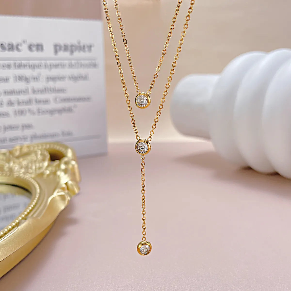 Elegant Commute Geometric Stainless Steel Plating Inlay Zircon Double Layer Necklaces