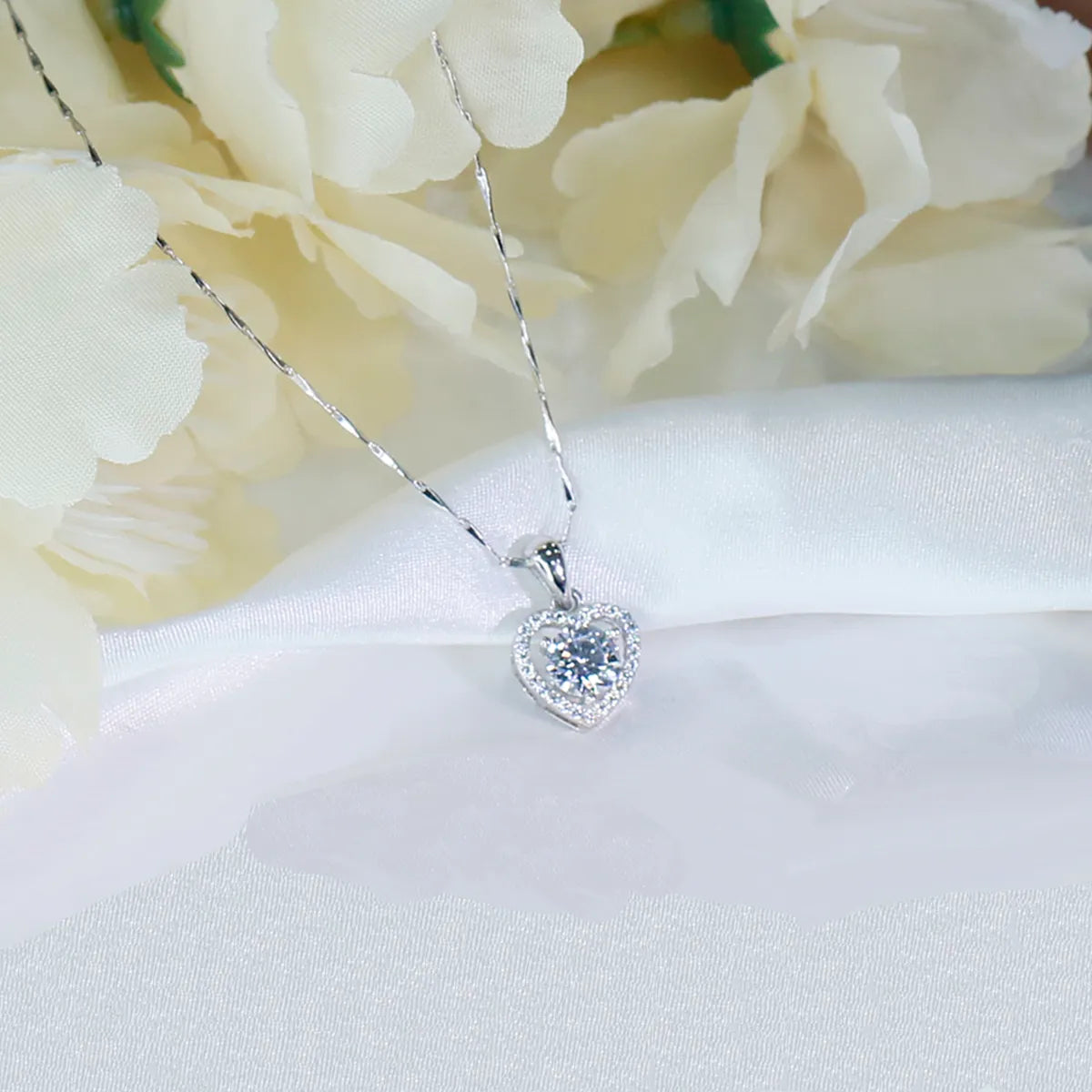 Elegant Commute Heart Shape Sterling Silver Inlay Zircon White Gold Plated Pendant Necklace